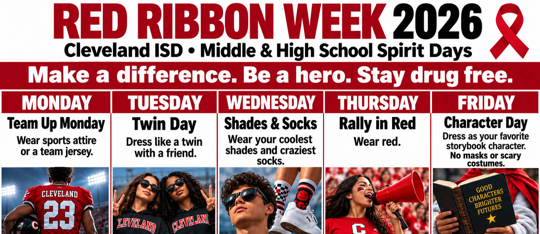 Advertisement for Red Ribbon Week 2026. Five days of spirit wear themes. Days listed with themes and images of students wearing the items.
