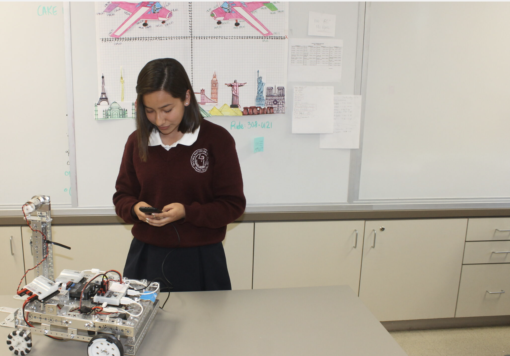 A girl using a cellphone and having a robot in front of her.