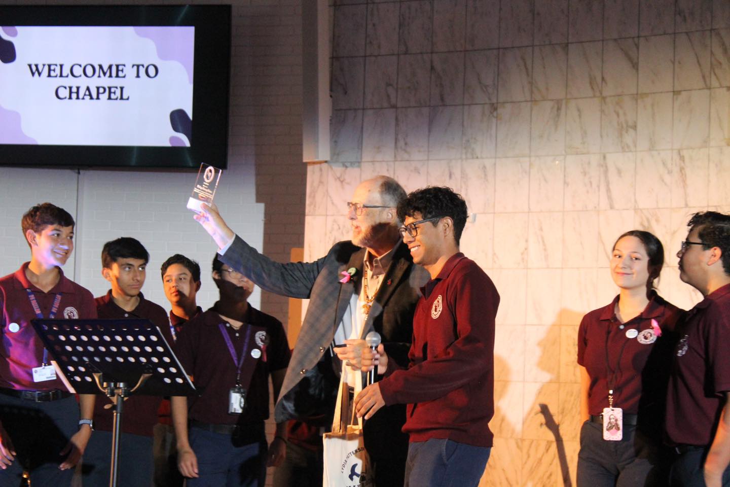 Chapel Stage - Robotics Team with Bishop Jimmy Nunn