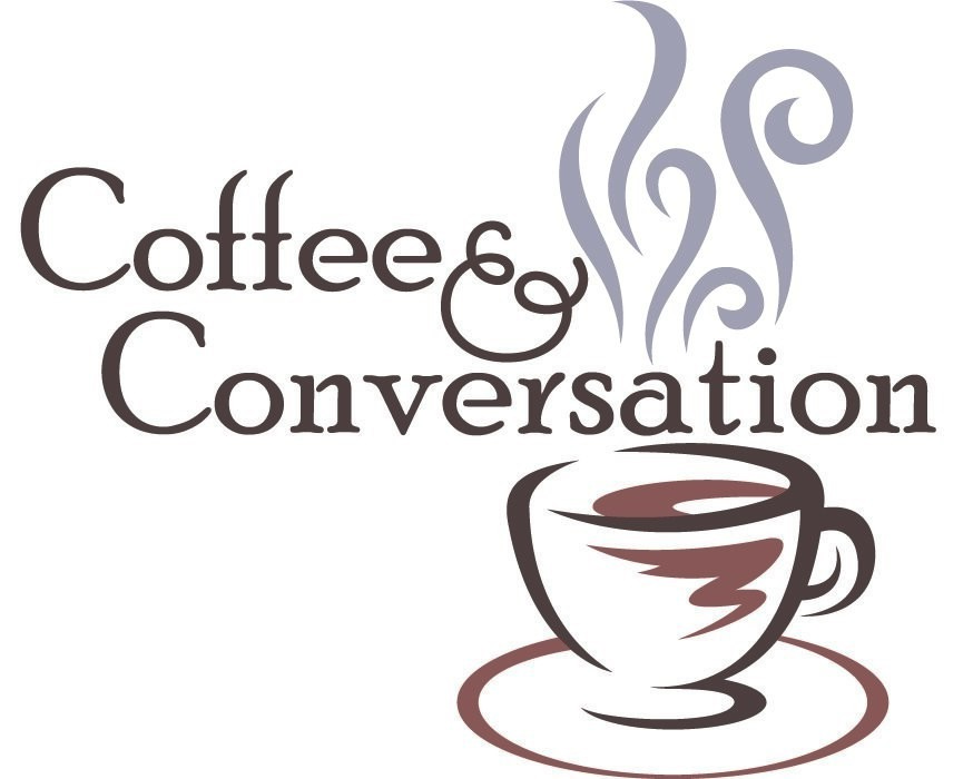 The words "Coffee and Conversation" above a steaming coffee mug