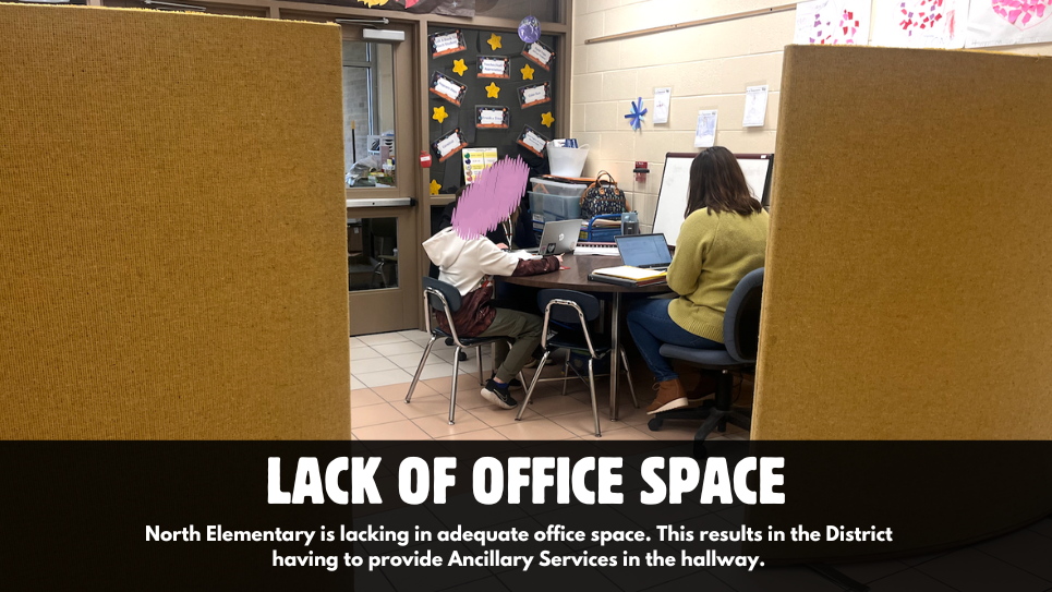 Lack of Office Space - North Elementary is lacking in adequate office space. This results in the District having to provide Ancillary Services in the hallway.