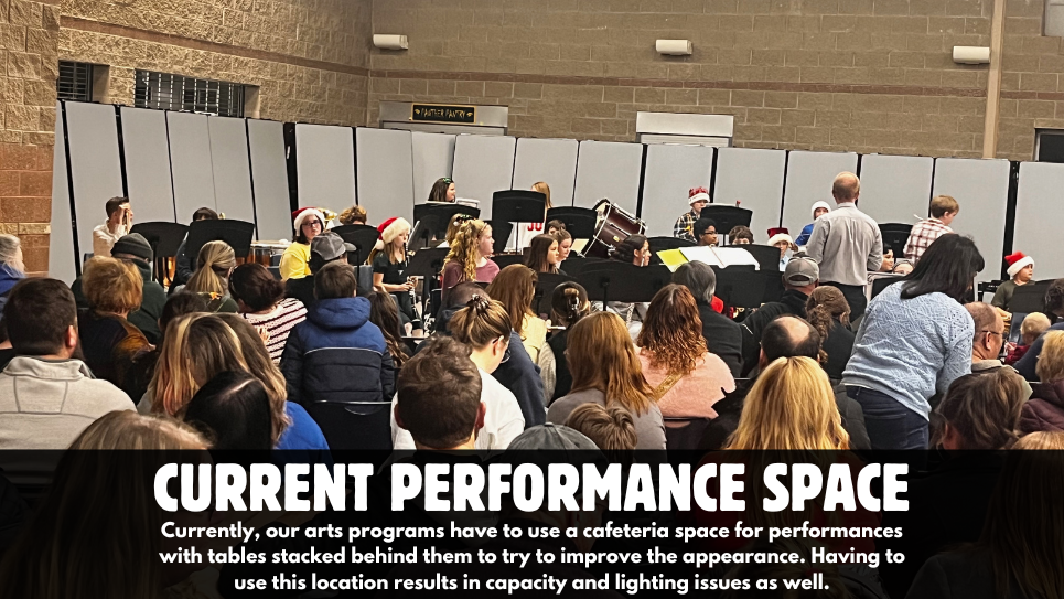 Current Performance Space - Currently, our arts programs have to use a cafeteria space for performances with tables stacked behind them to try to improve the appearance. Having to use this location results in capacity and lighting issues as well.