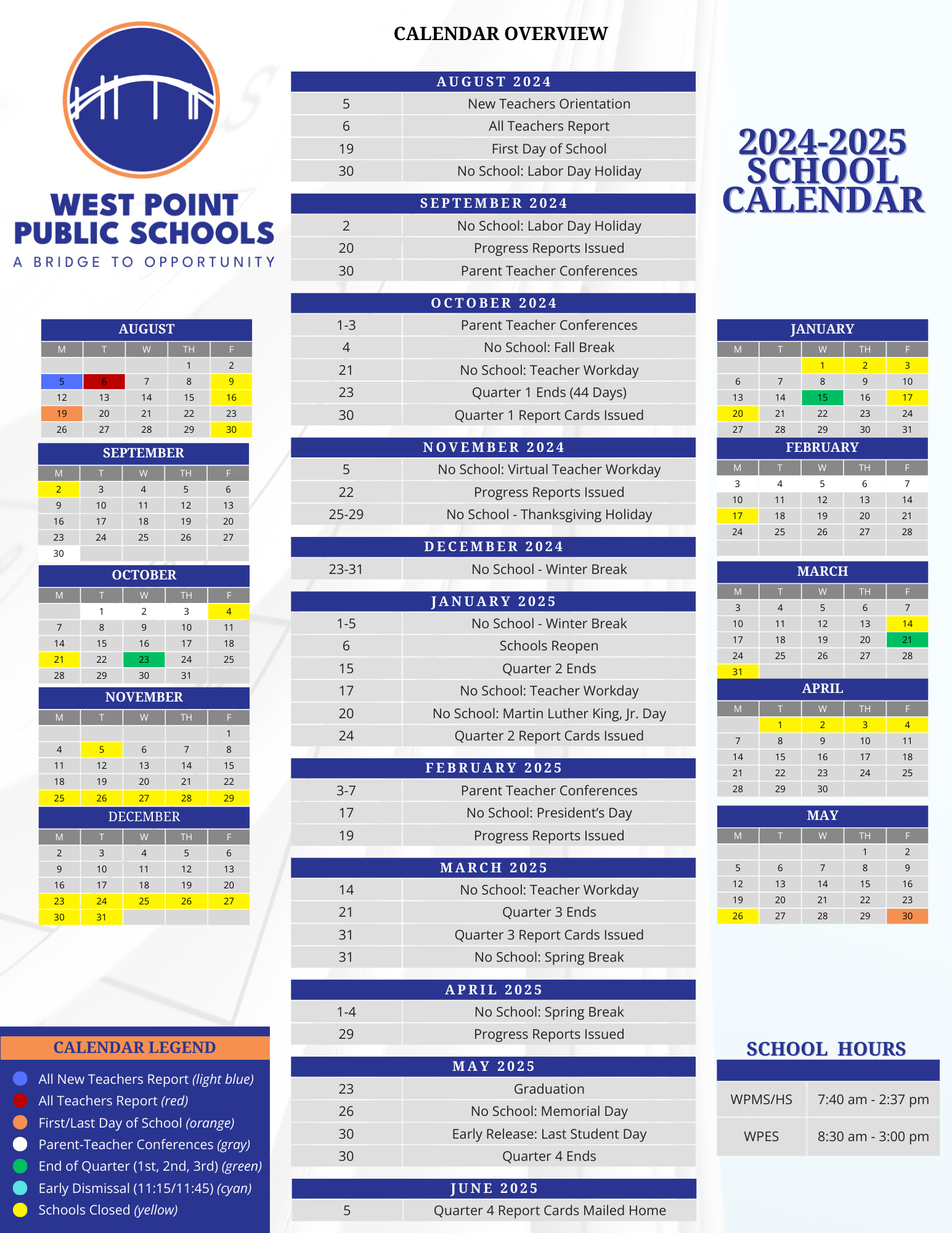 2024-2025 WPPS Division Calendar | West Point Public Schools