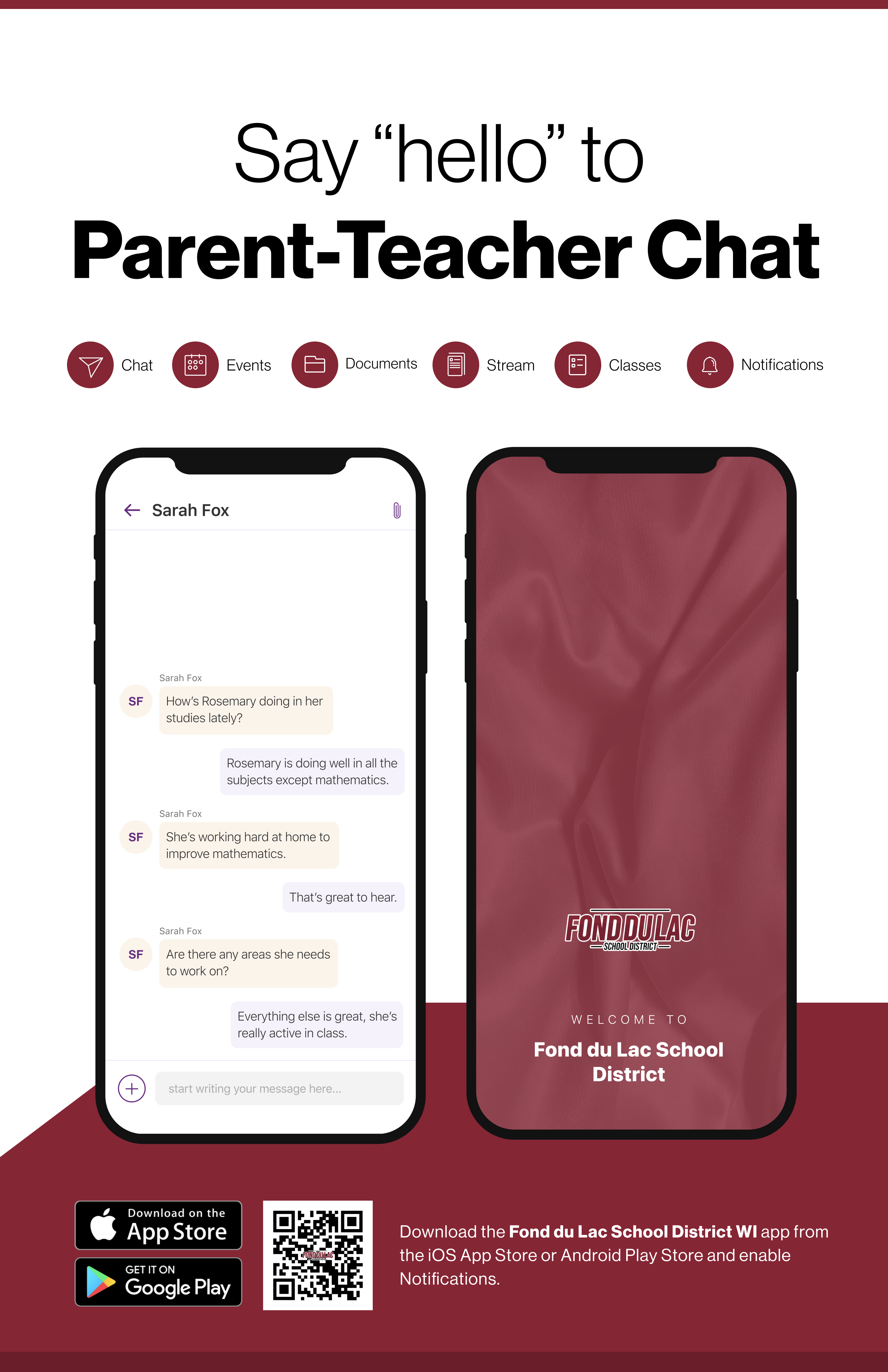 Say hello to Parent-Teacher chat in the new Rooms app. Download the Fond Du Lac app in the Google Play or Apple App store.