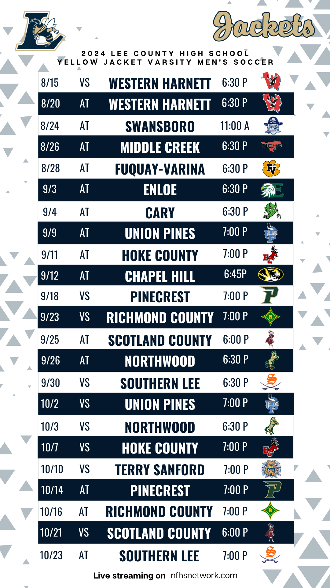 Lee County High School mENS SOCCER Schedule 2024