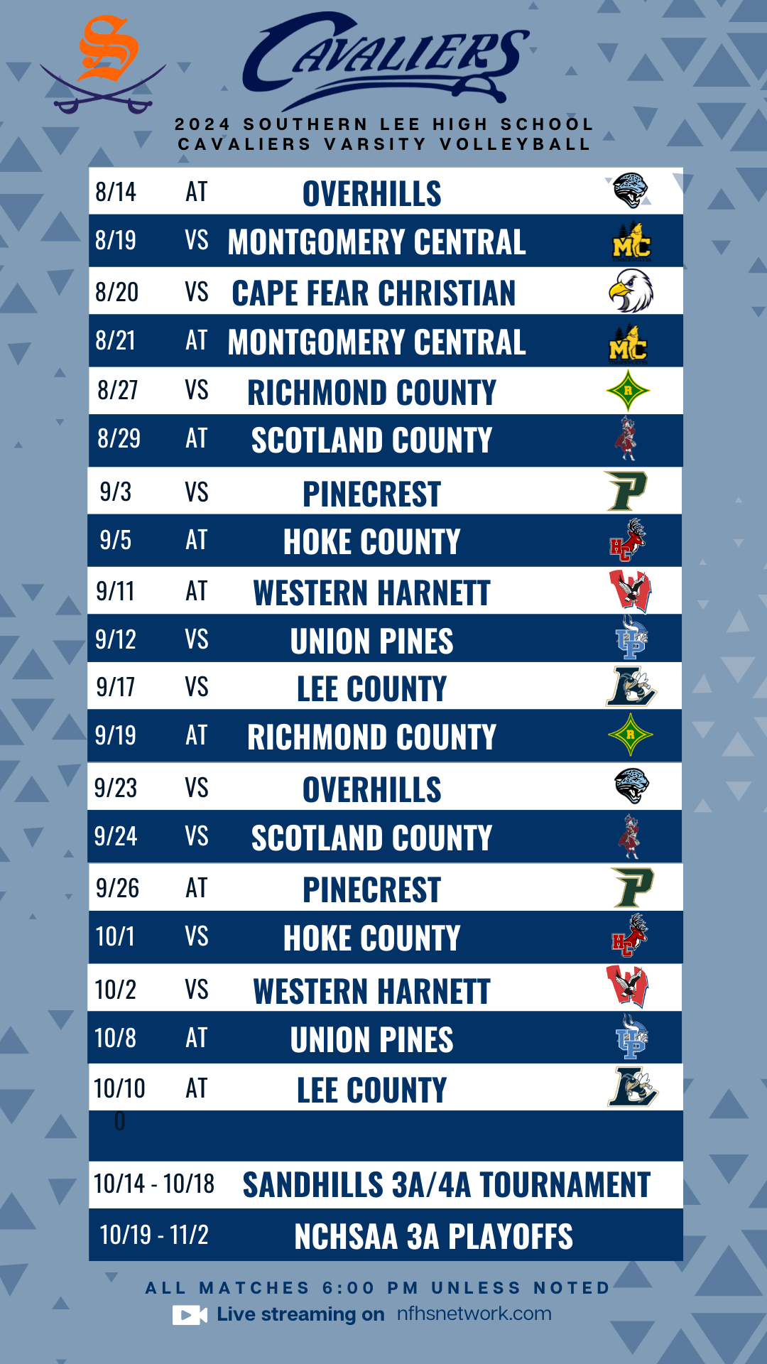 Southern Lee High School VOLLEYBALL Schedule 2024