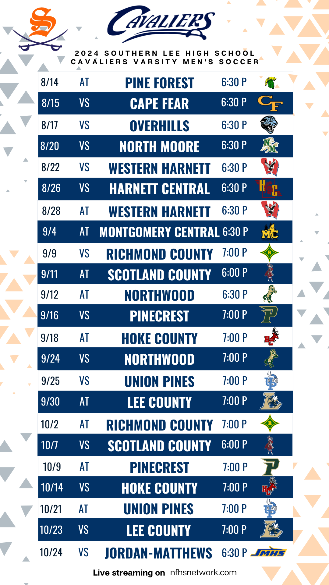 Southern Lee High School mENS SOCCER Schedule 2024