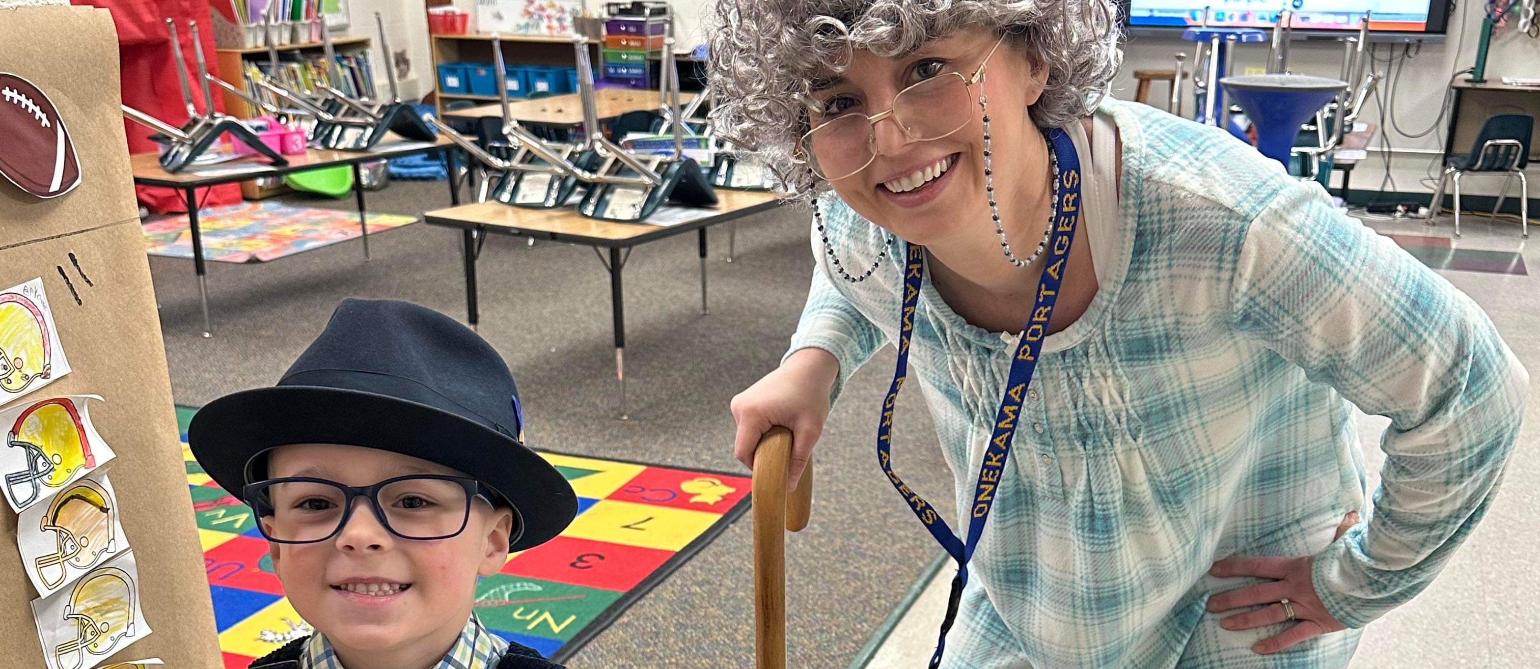 Elementary classrooms celebrate the 100th day of school by dressing up as 100-year-olds.