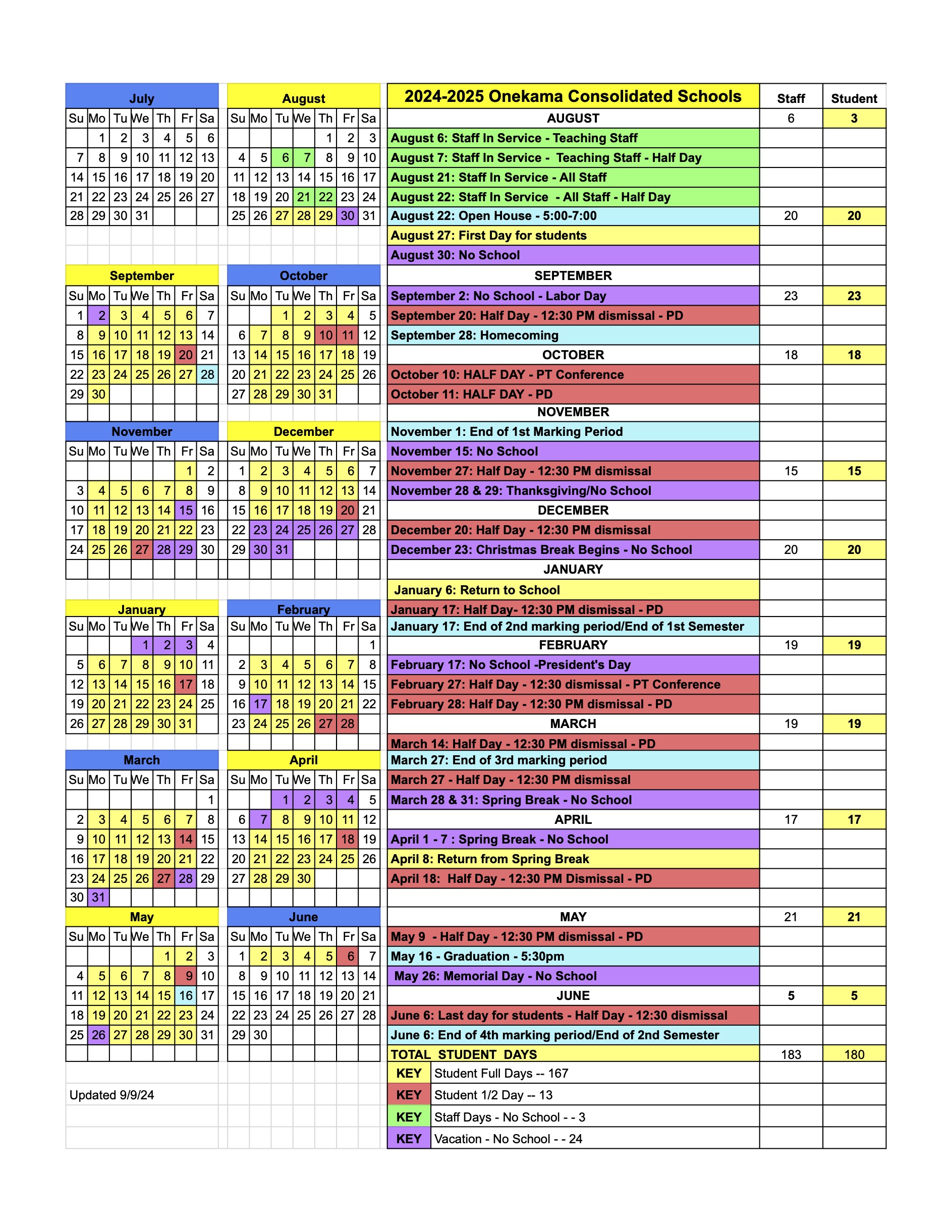 2024-25 OCS Academic Calendar