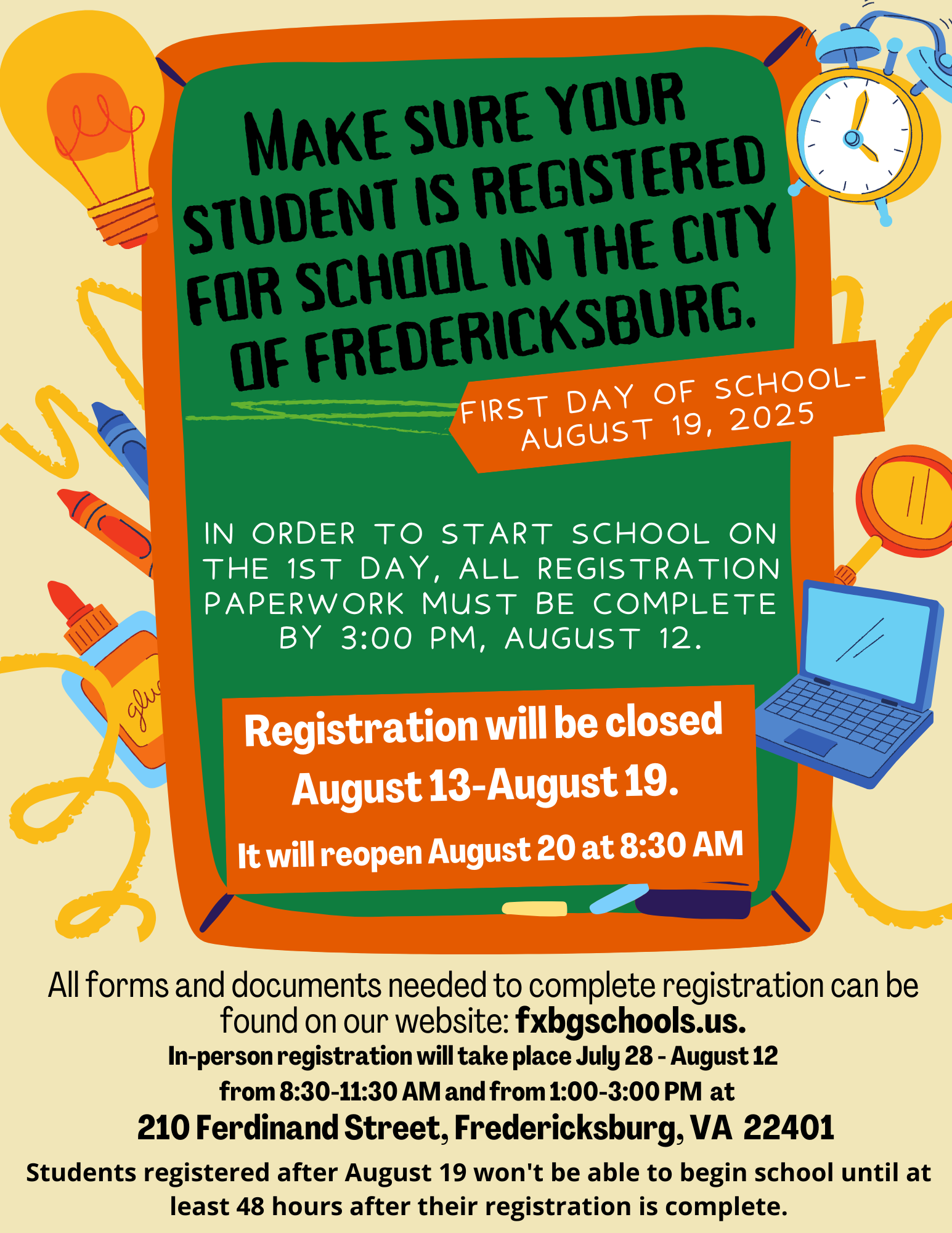 Make sure your student is registered for school in the city of Fredericksburg