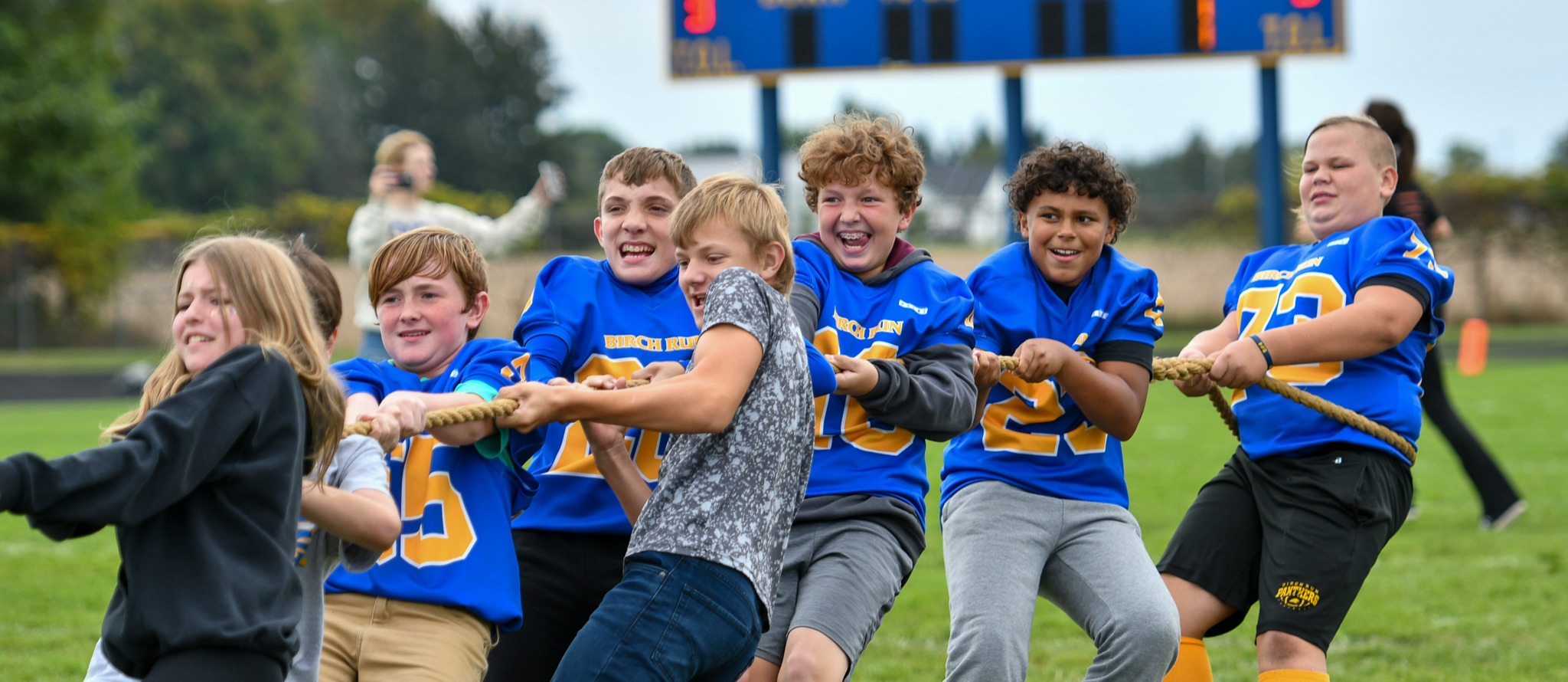 Some MGMS students play tug-o-war at the Homecoming Pep Assembly.