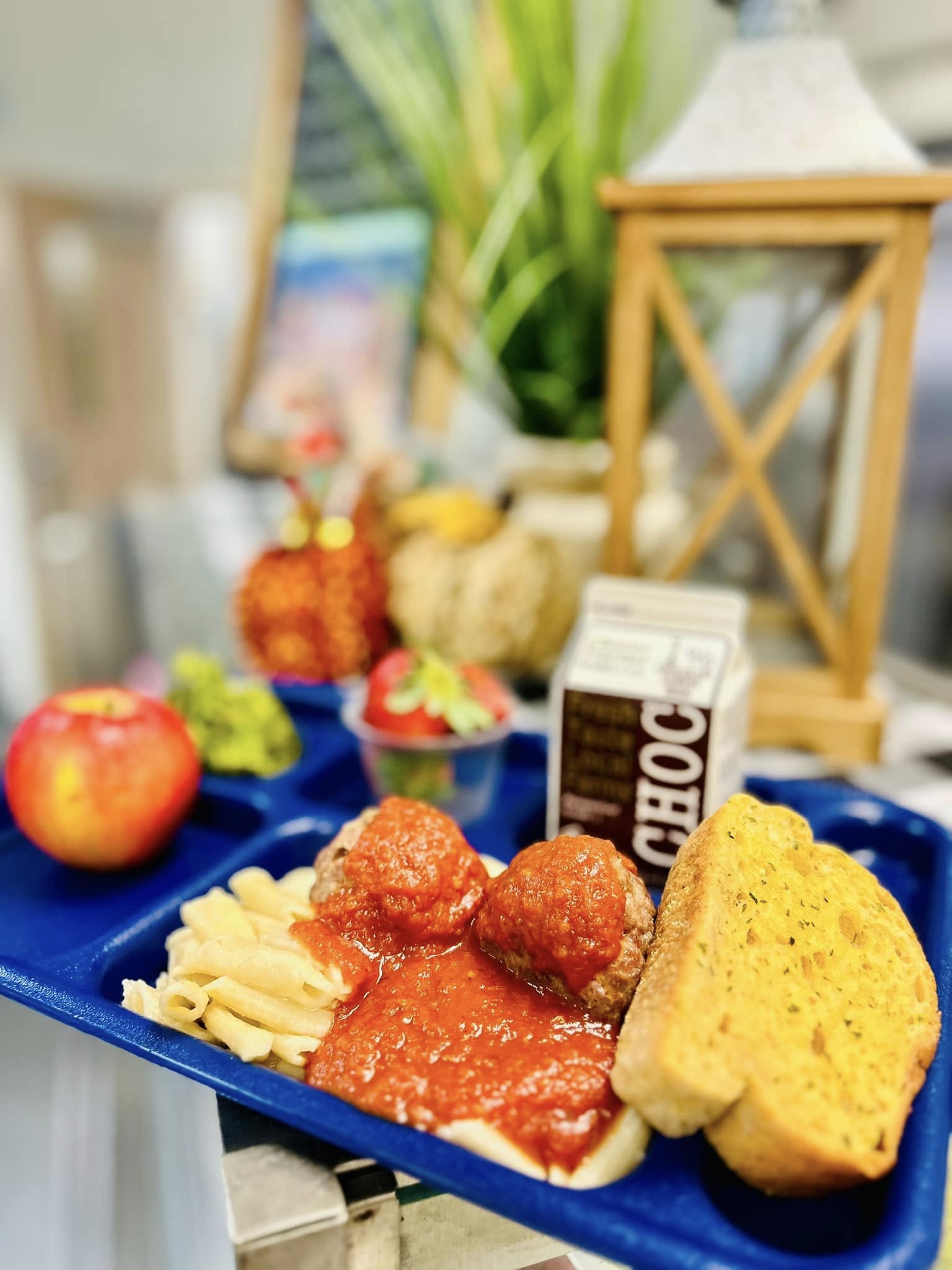 lunch tray with pasta and meatballs