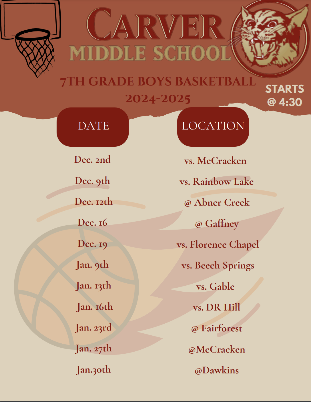 7th grade boys basketball schedule