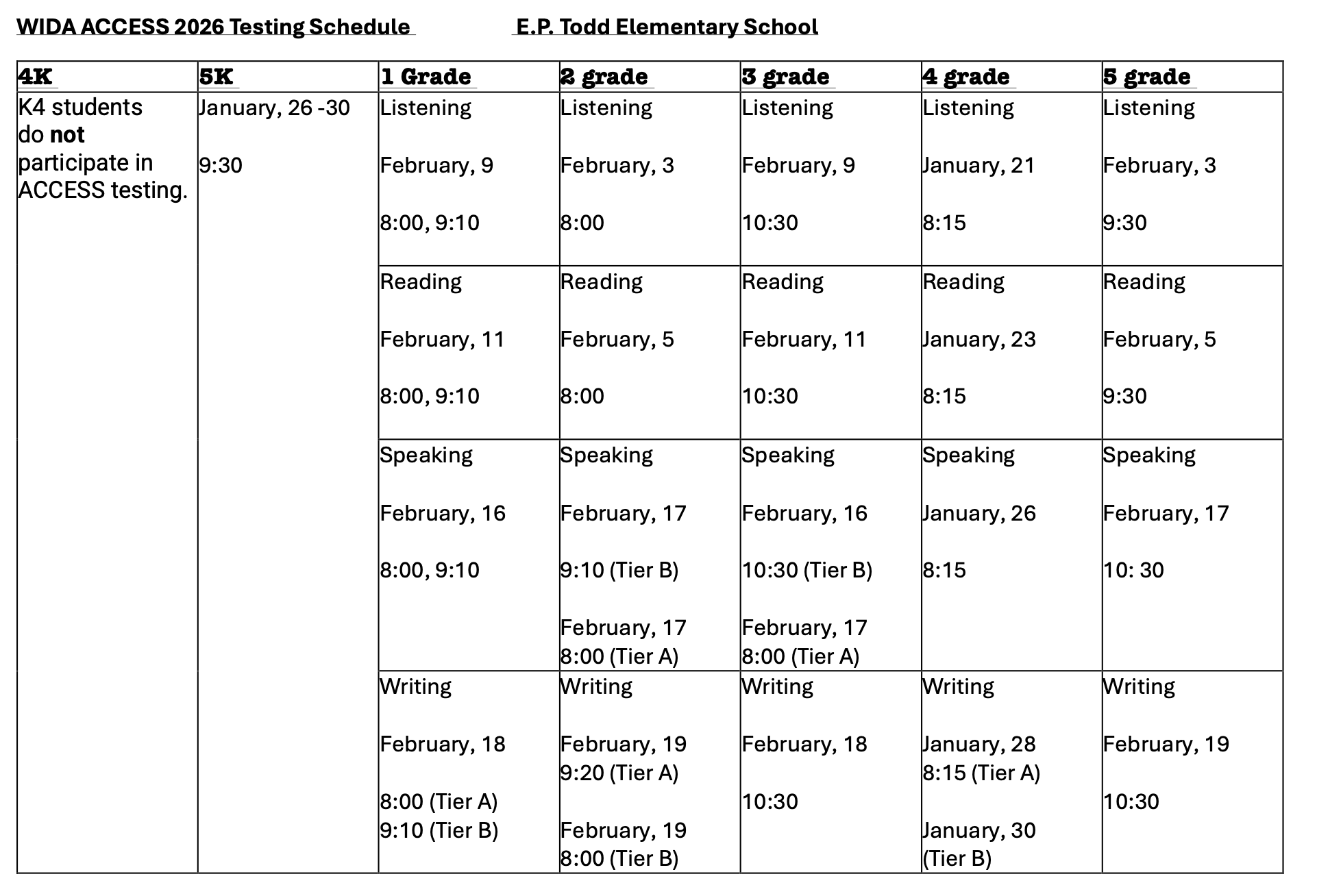 WIDA testing schedule to EP Todd School