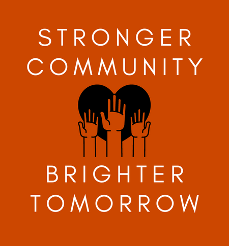 stronger community; brighter tomorrow; image of heart with hands in front
