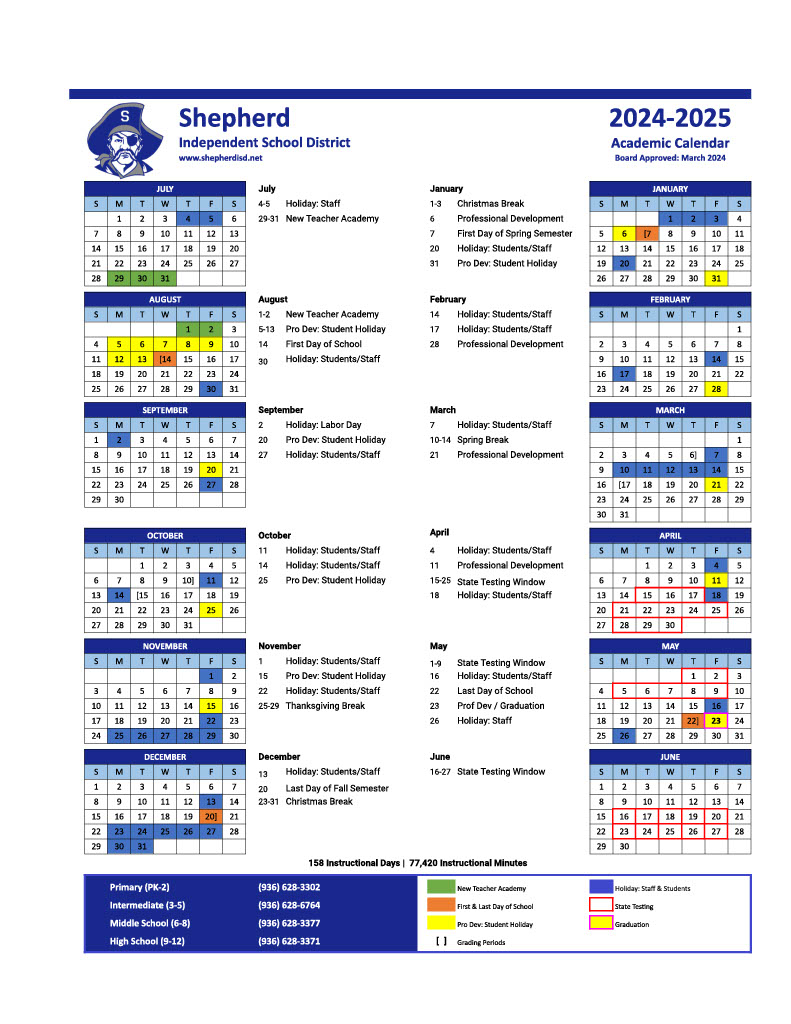 2024-2025 Academic Calendar | Shepherd ISD