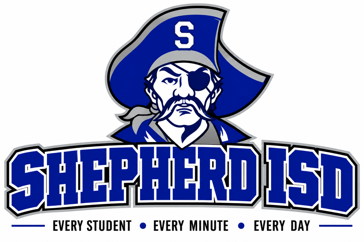 A logo featuring a pirate with a blue hat, eye patch, and mustache. Below reads "Shepherd ISD" with "Every Student, Every Minute, Every Day".