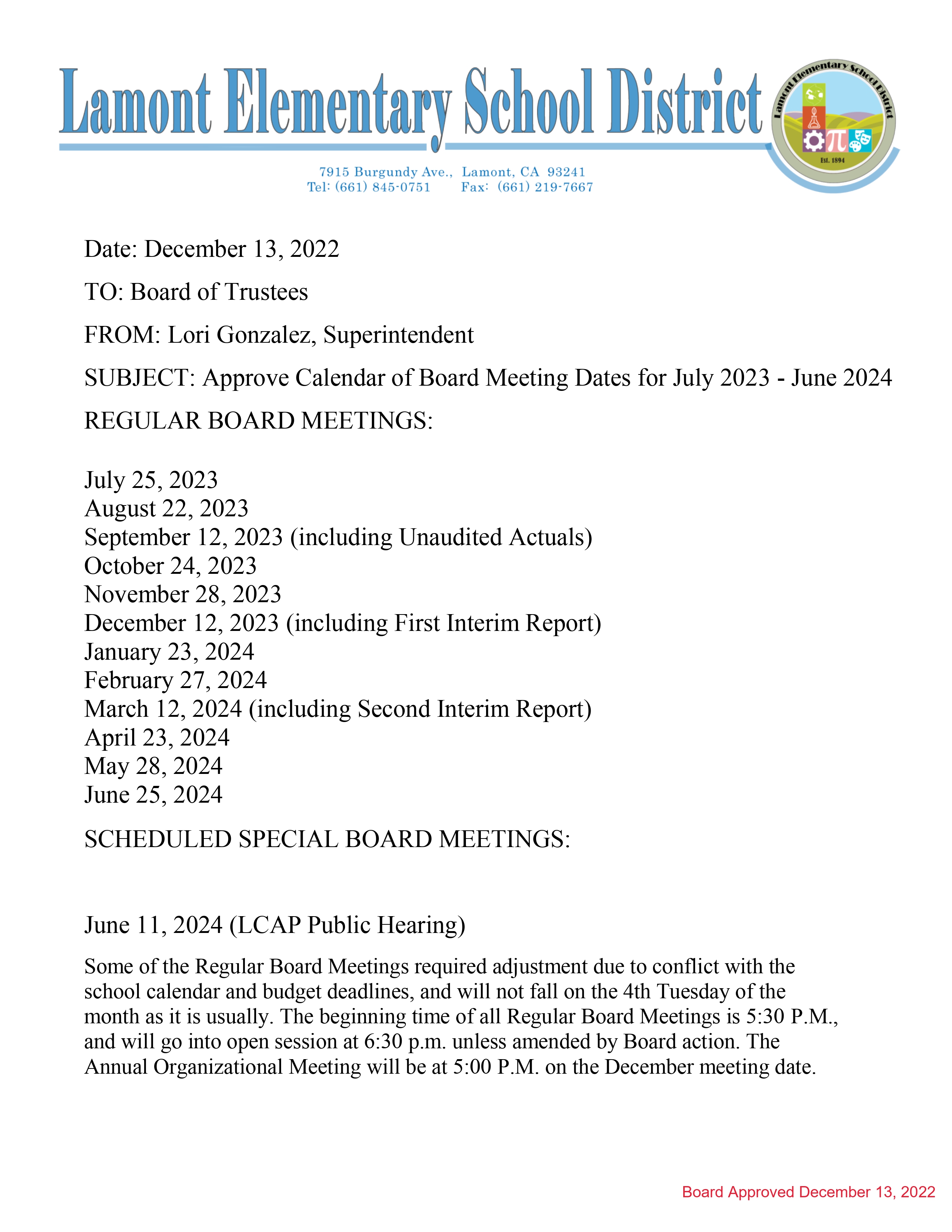 Board Calendar | Lamont Elementary School District