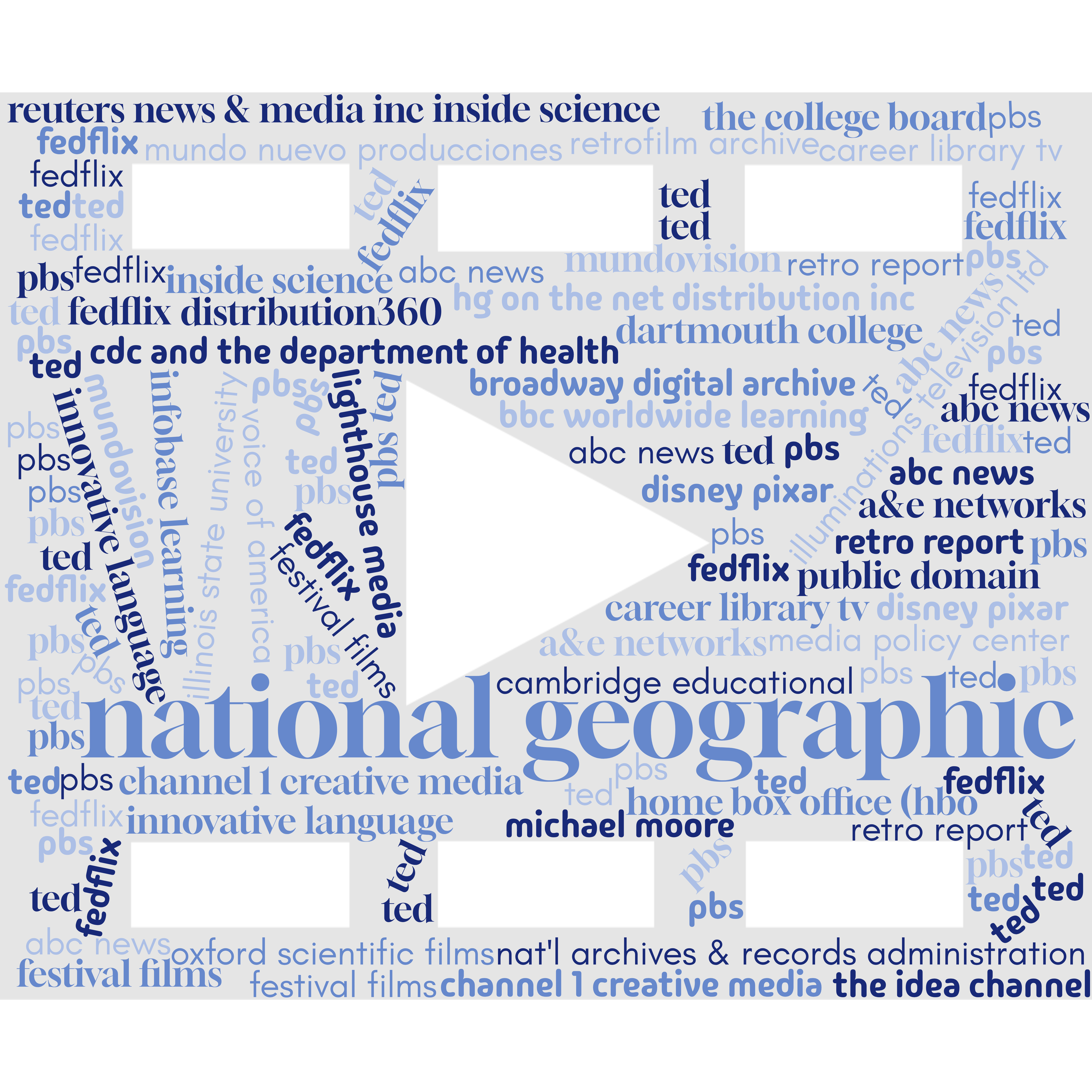 word cloud of producers of the videos available in classroom video on demand, a database