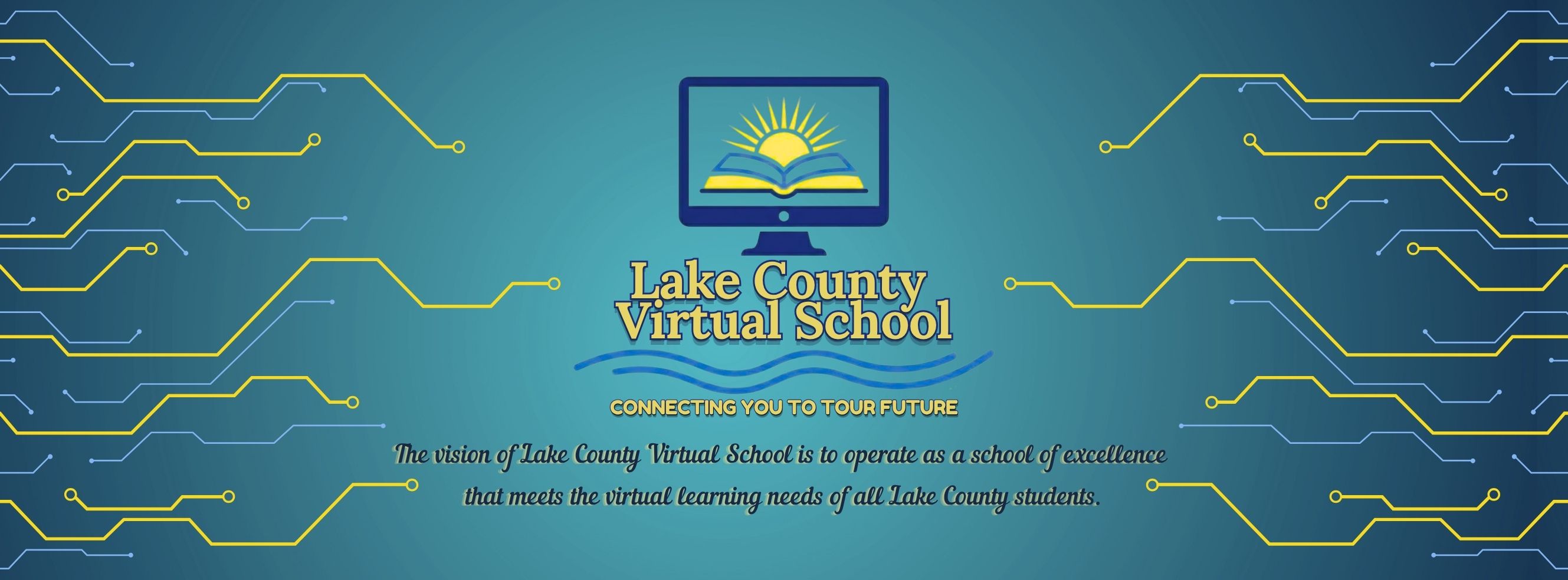 A blue background with a hexagonal pattern features the "Lake County Virtual School" logo and text in yellow.