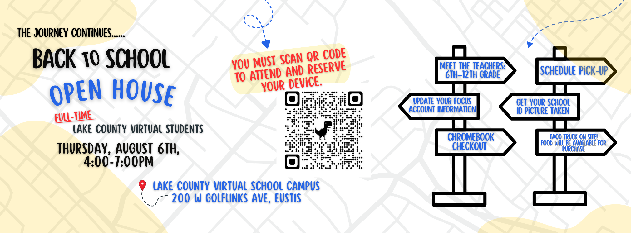 An announcement poster for a back-to-school open house event with QR code and street sign illustrations.