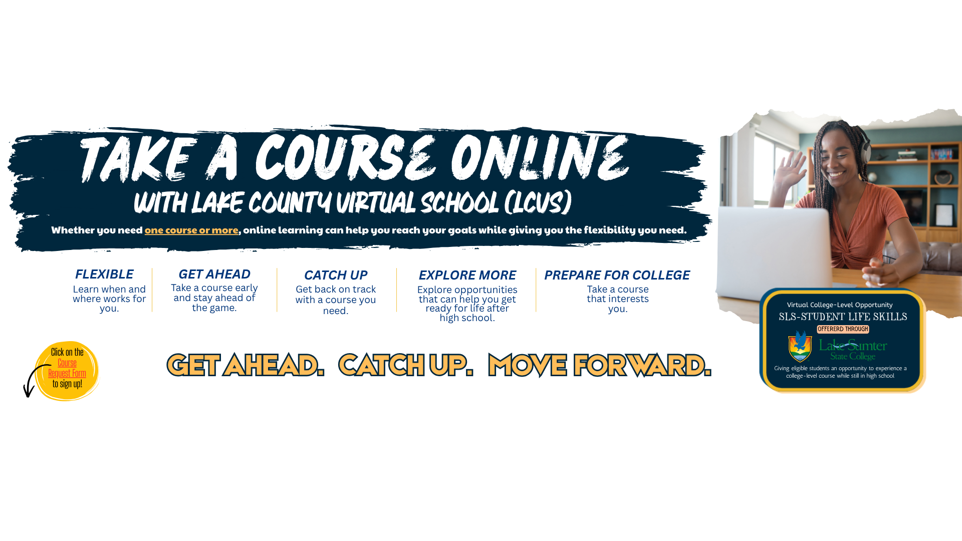 An advertisement shows a woman on a laptop. Text reads, "Take a Course Online with Lake County Virtual School (Clovis)."