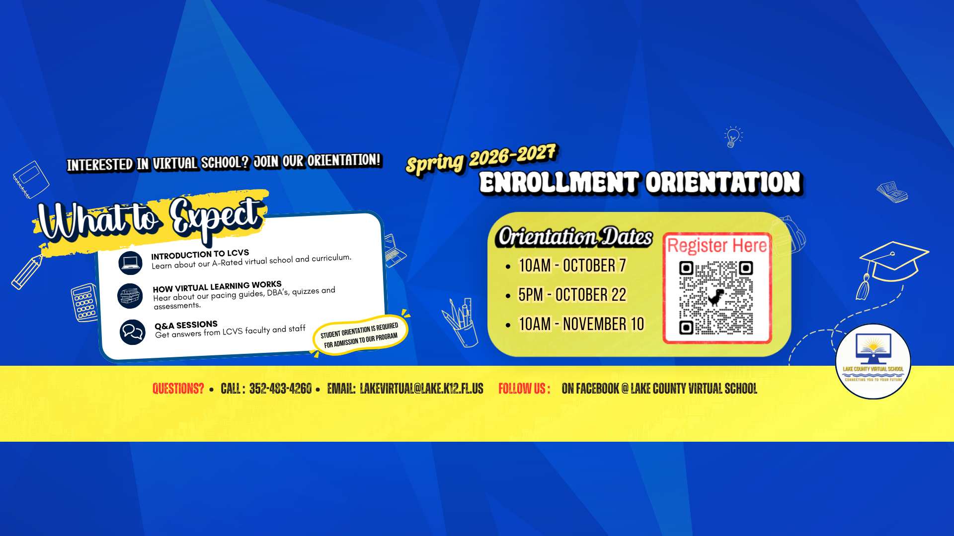 Bright blue and yellow banner with a graphic of a graduation cap and various text and icons.