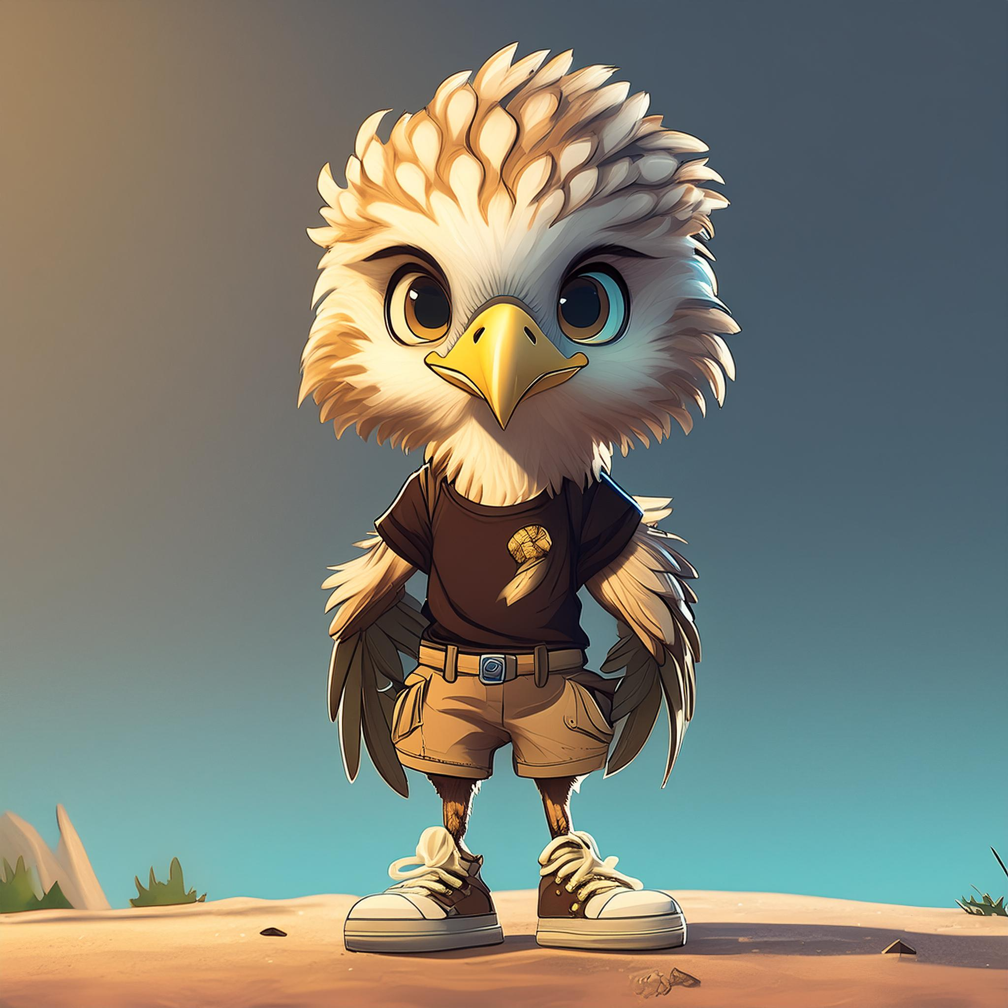 Cartoon eagle in a black shirt with cargo shorts and tennis shoes in front of a school