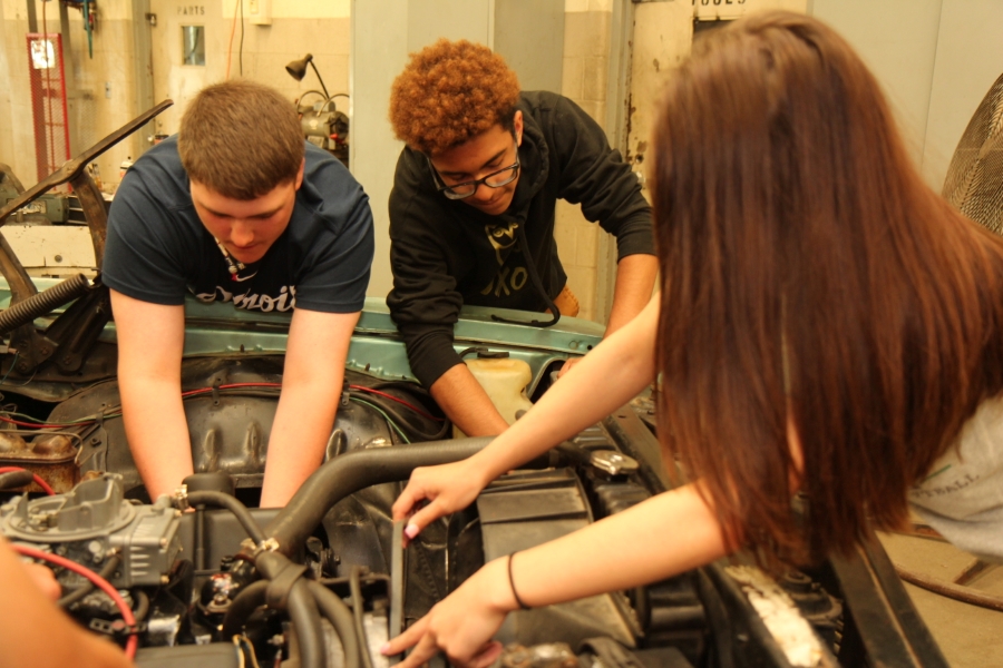 students working in a car engine