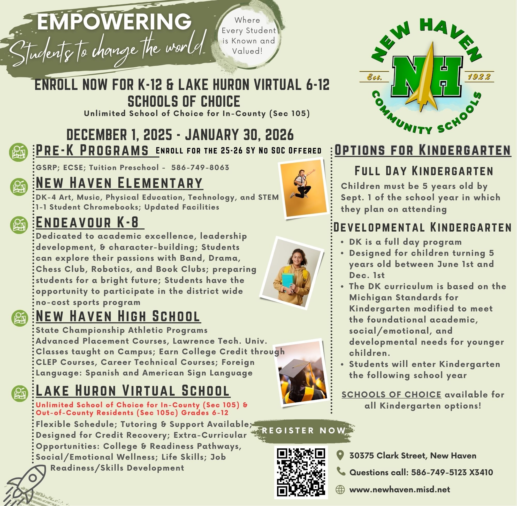 2025-2026 2nd Flyer on School of Choice Several Photos of Students in front of bus, with diploma and standing with