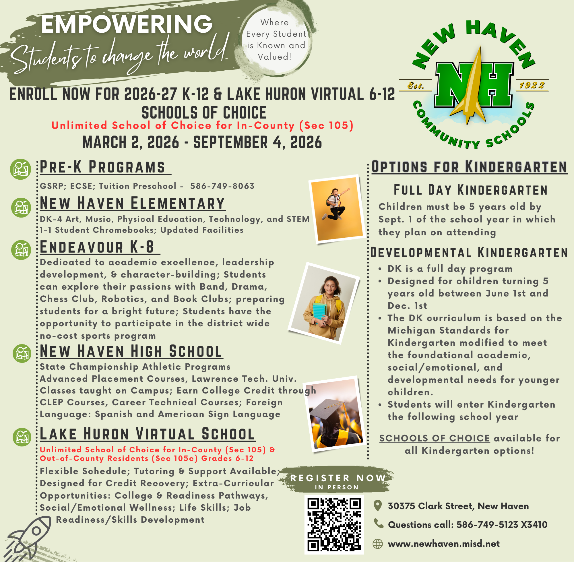 2026-2027 2nd Flyer on School of Choice Several  Photos of Students in front of bus, with diploma and standing  with 