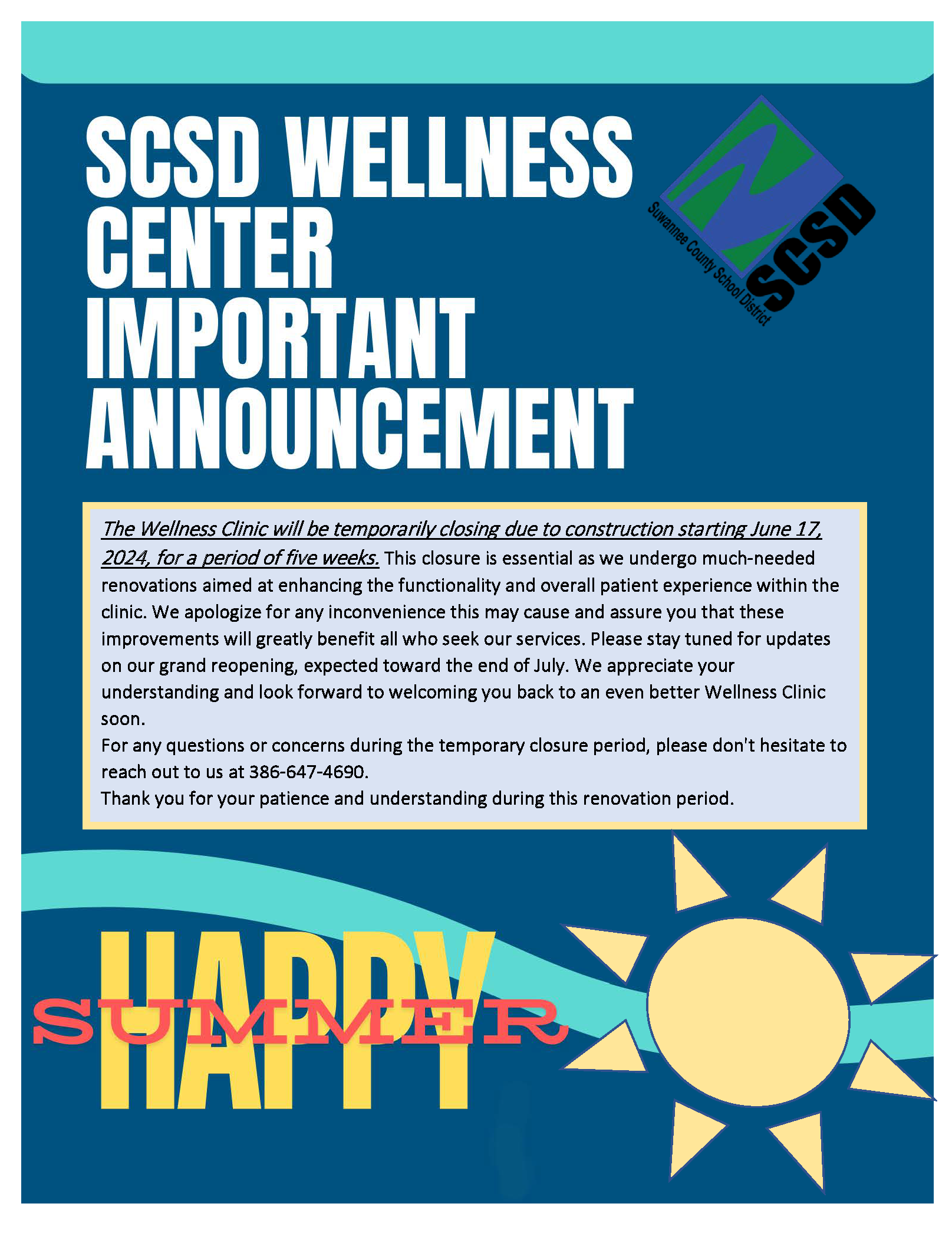 SCSD Wellness Center Temporary Closure