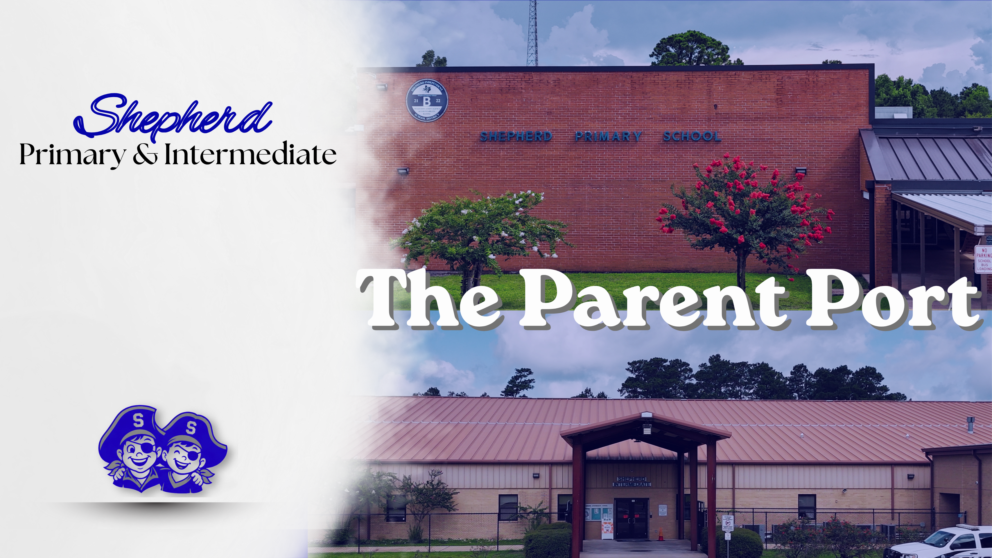 Two school logos above images of buildings. First, a red brick building. Second, a tan building.