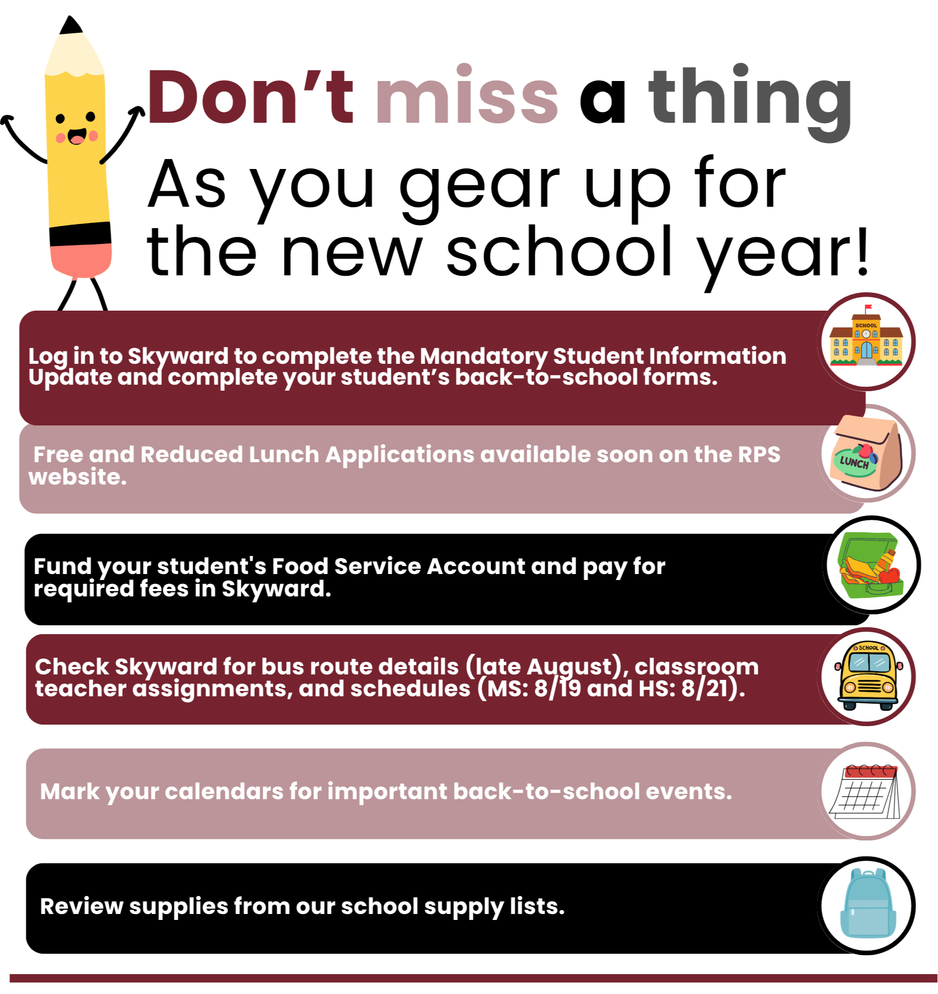 Back-to-school checklist with a cartoon pencil and six reminders, including updating forms on Skyward, applying for lunch programs, adding lunch funds, checking bus routes and schedules, marking important dates, and reviewing supply lists.