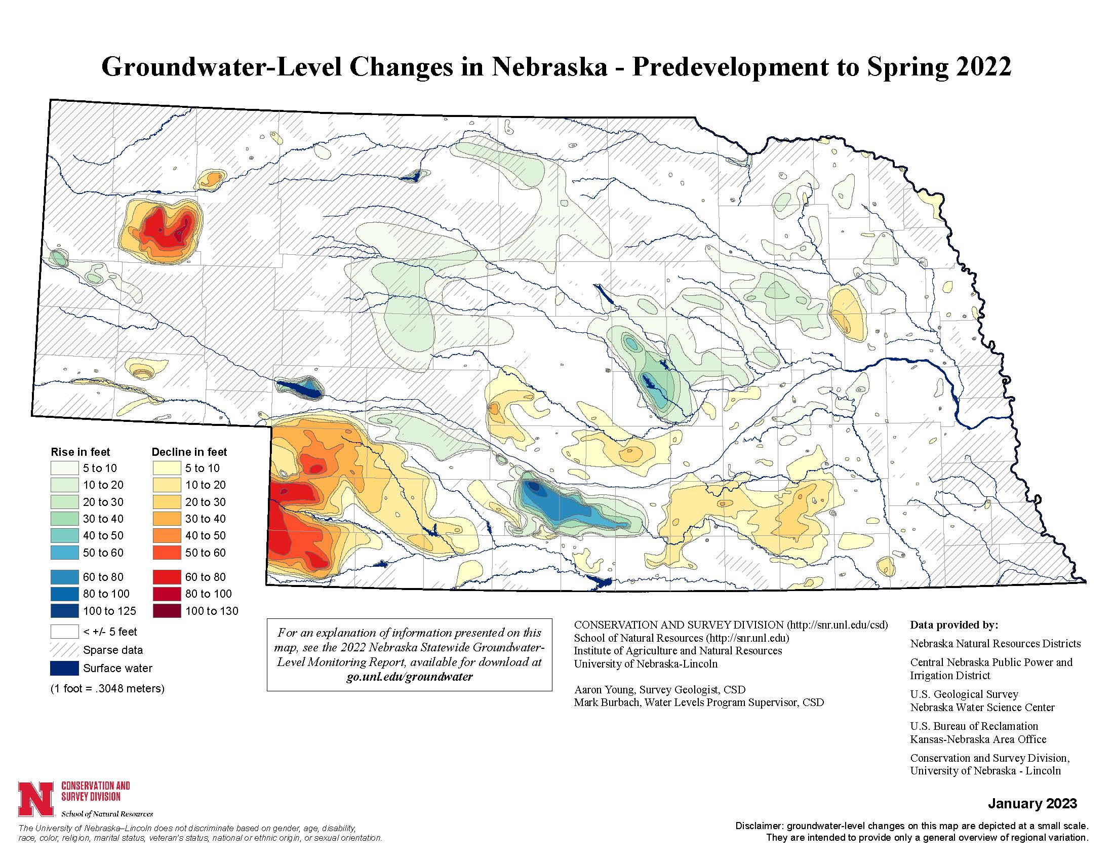 Ground Water Level Changes in Nebraska Map - Predevelopment to Spring 2022