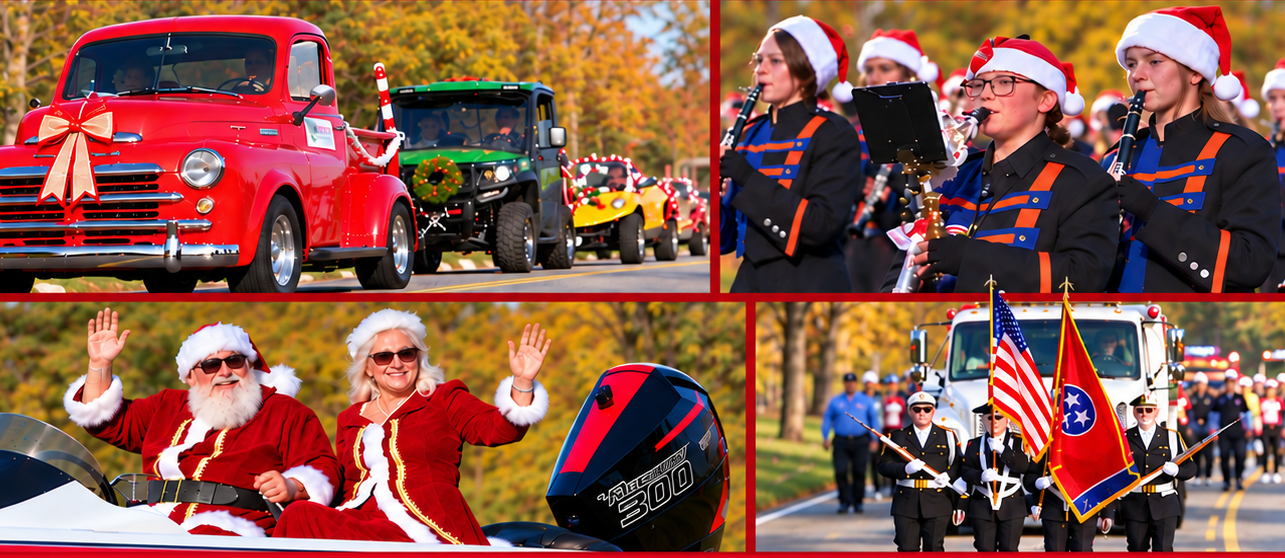 A festive photo collage promoting the 2026 Town of Louisville Ring in the Holidays Parade. Six photos feature children singing in holiday attire, Santa Claus posing with community members, a decorated red vintage truck leading parade vehicles, a marching band wearing Santa hats, Santa and Mrs. Claus waving from a boat, and a patriotic color guard carrying American and Tennessee flags. The photos are separated by red borders and feature colorful autumn scenery. A cream-colored banner along the bottom displays the event title in bold red and dark green lettering, with decorative red-and-white candy canes on each side.