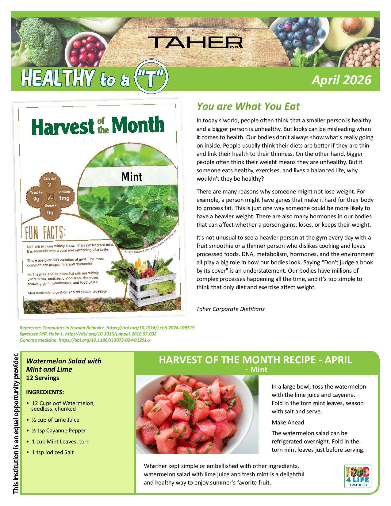 School nutrition newsletter for April 2026 featuring “Healthy to a T,” mint as the harvest of the month, and a watermelon salad with mint and lime recipe.