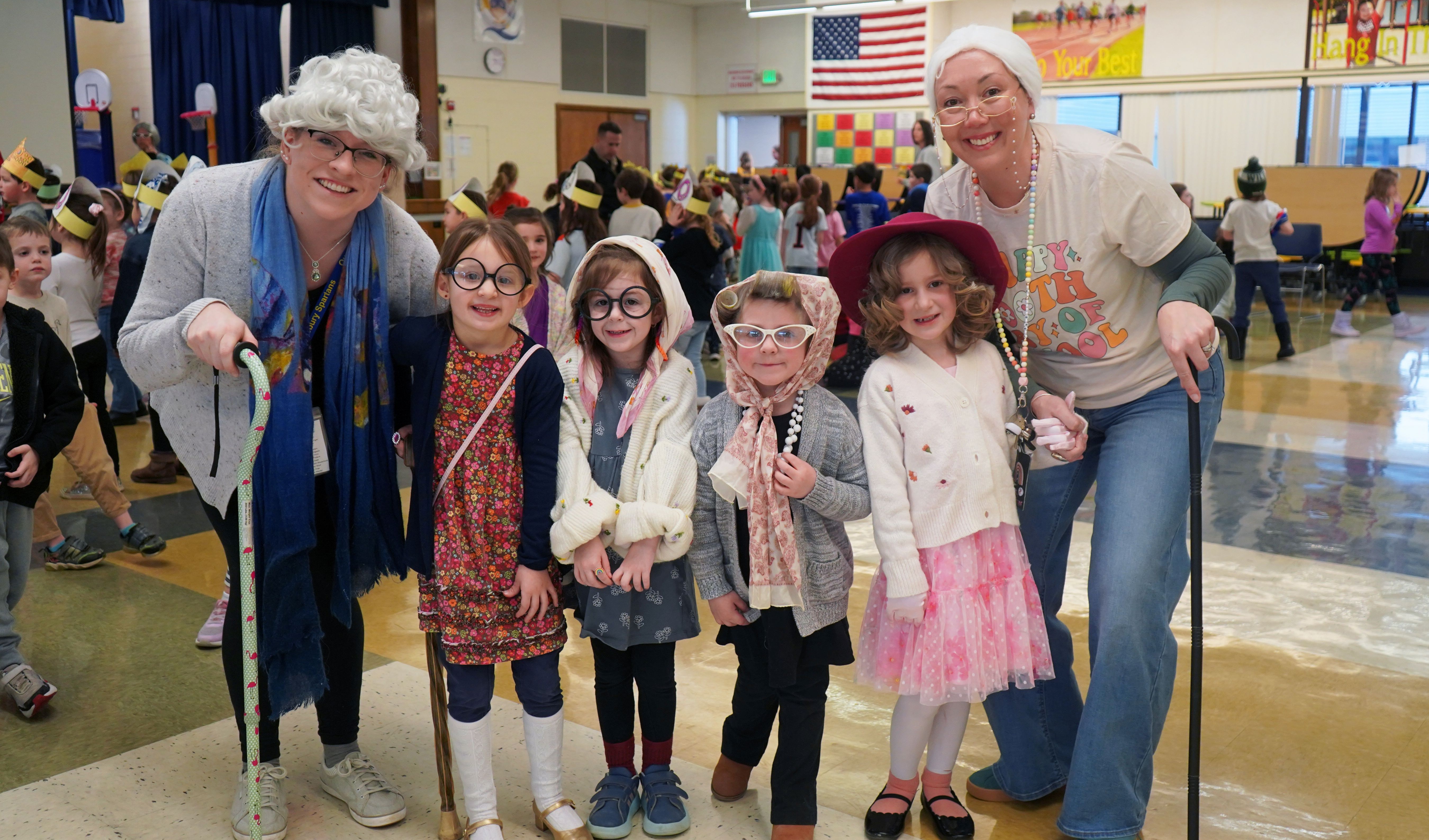 Students and staff dressed like senior citizens on the 100th day of school.