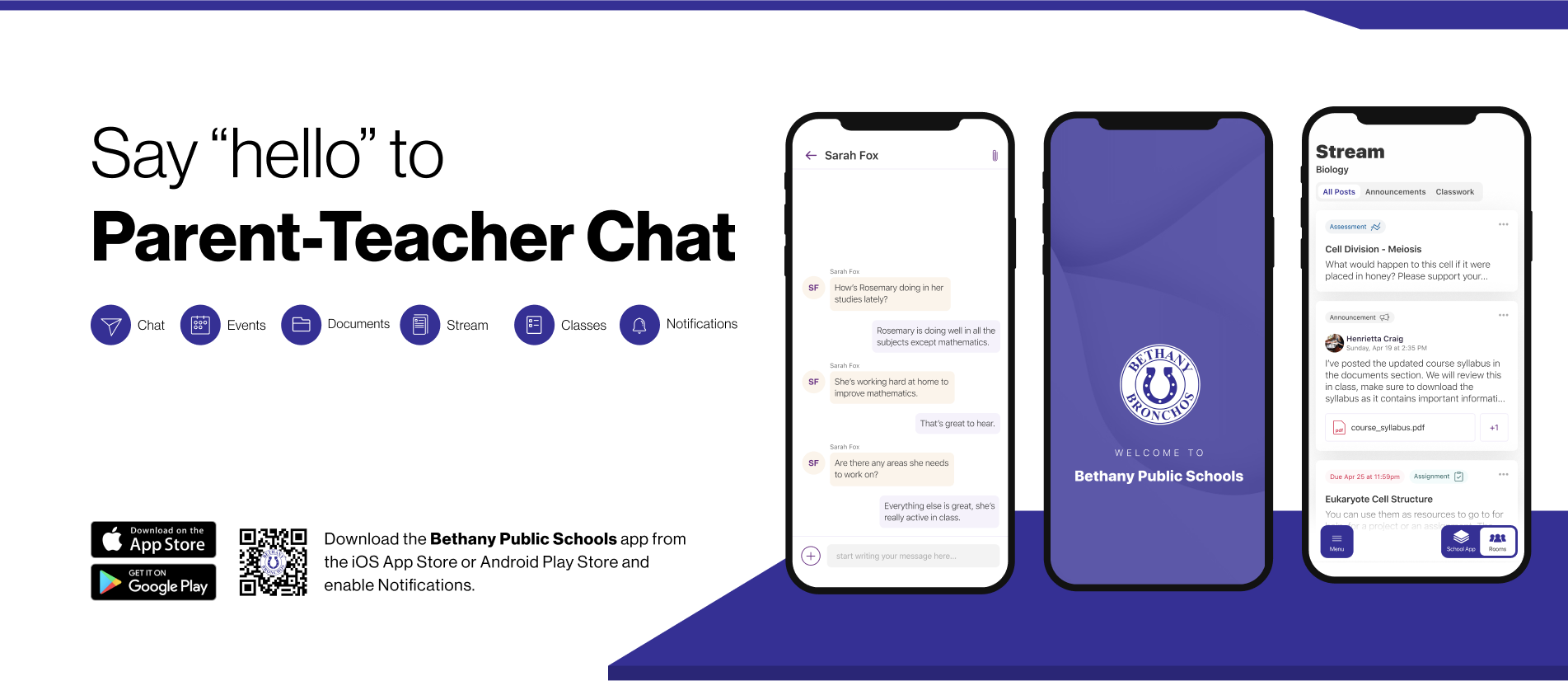 Say hello to Parent-Teacher chat in the new Rooms app. Download the Bethany Public Schools app in the Google Play or Apple App store.