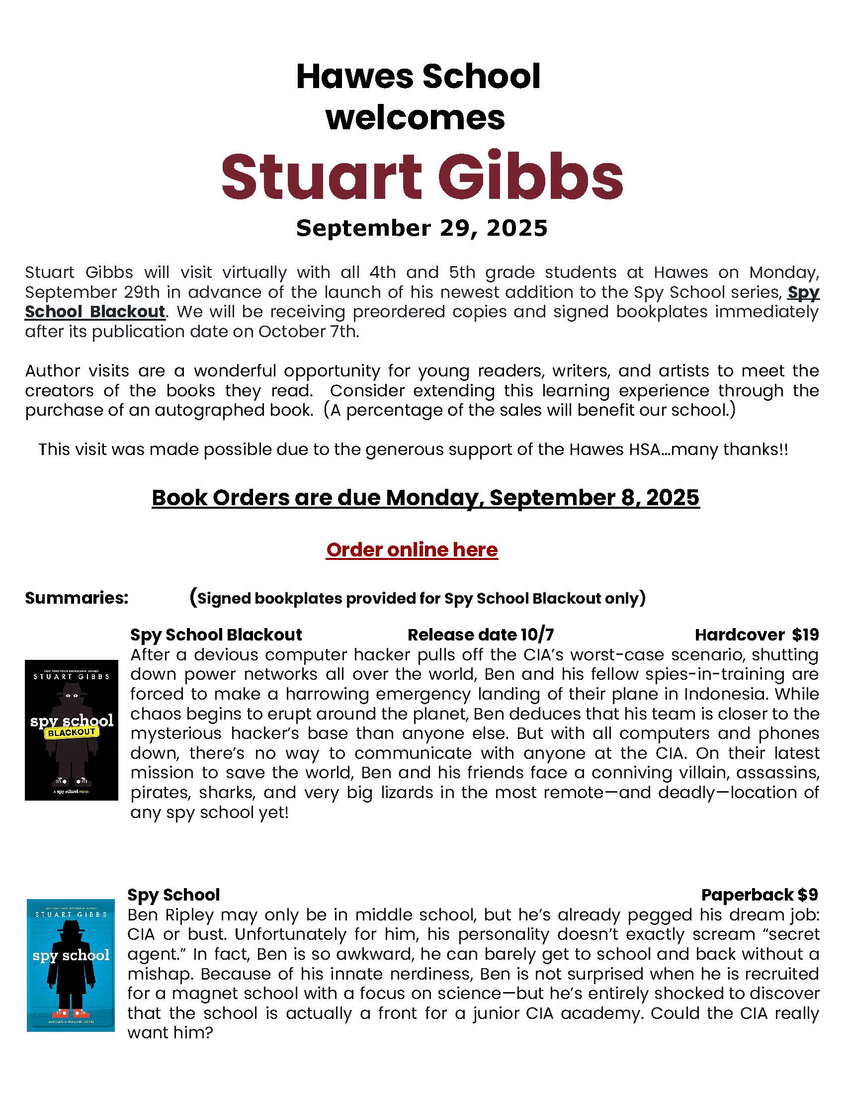 Hawes School Welcomes Stuart Gibbs - Sept. 29,  2025