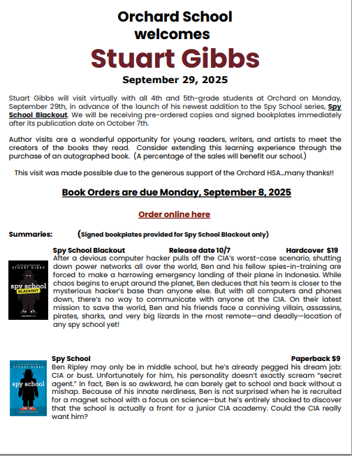 Author visit flyer with book summaries