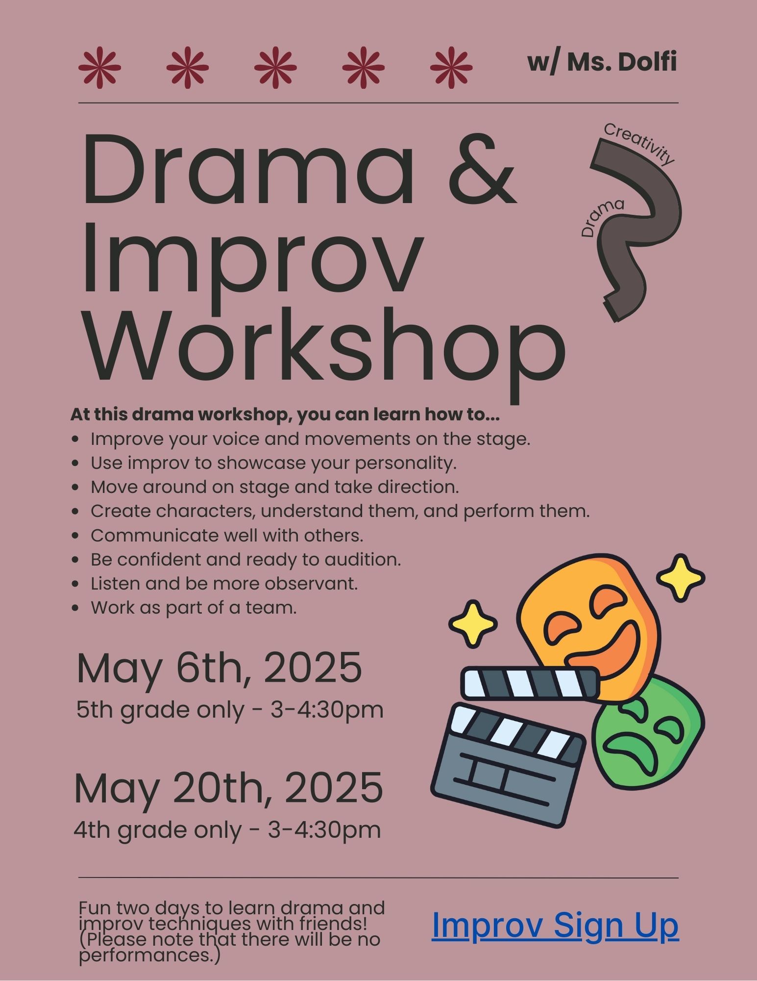 Drama and improv workshop flyer