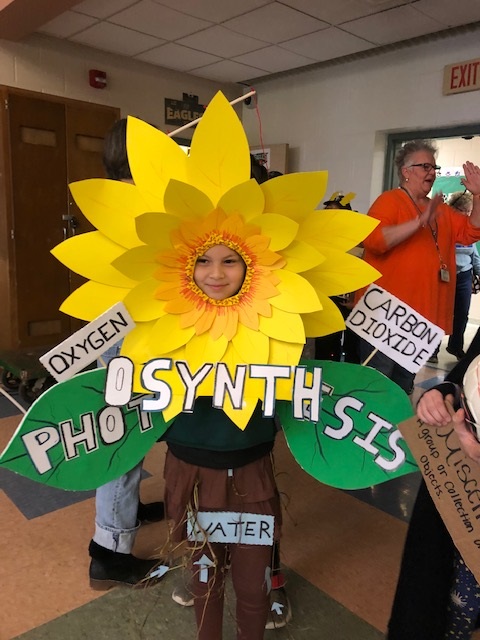A student in a vibrant sunflower costume with the word 'synthesis' written on it, standing indoors.