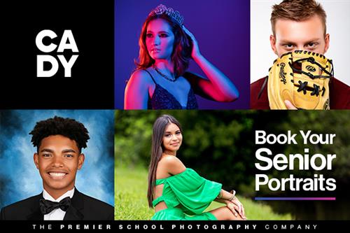 collage of portraits and banner that says "book your senior portraits"
