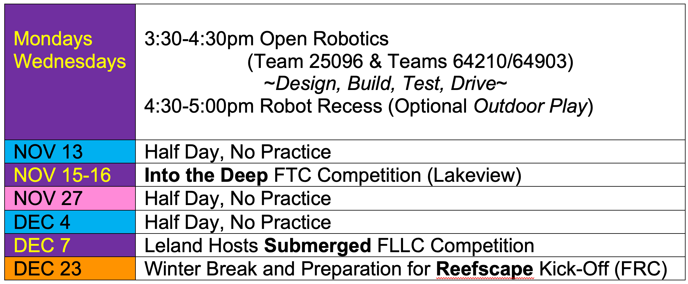 Fall 2024 Robotics Schedule