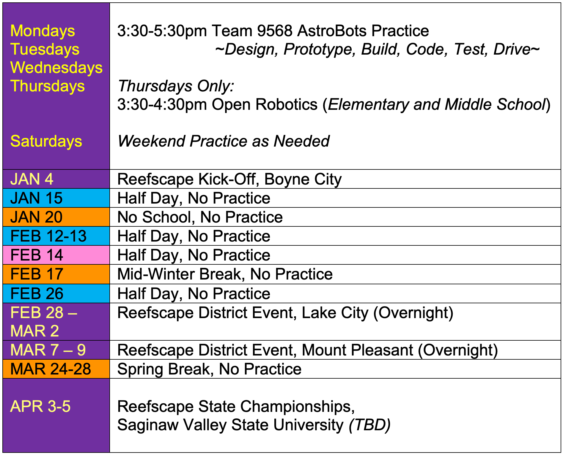 Winter 2025 Robotics Schedule