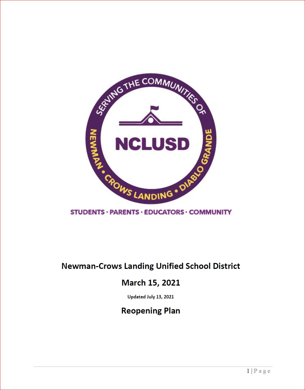 NCLUSD Reopening Plan-March 2021-link to document