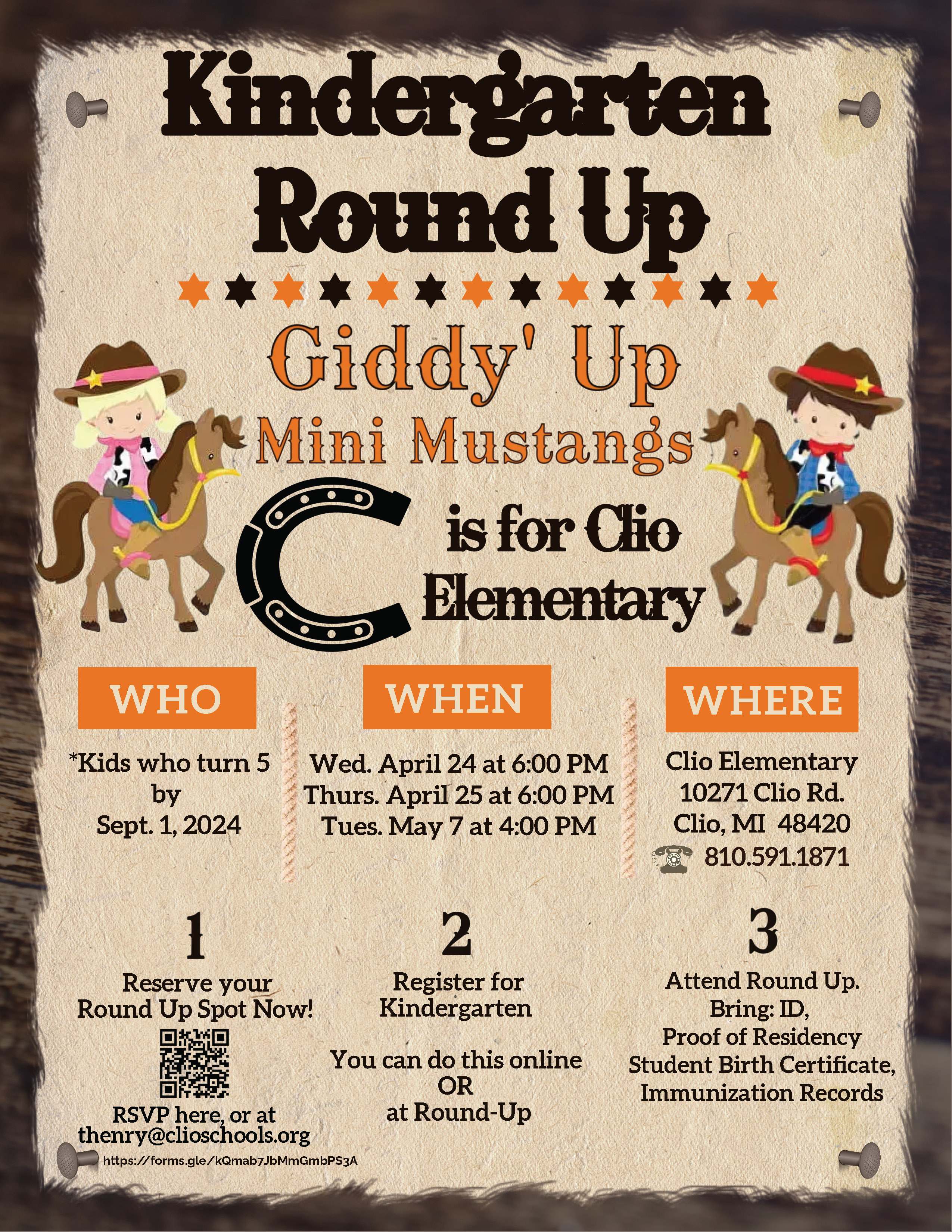 Kindergarten round up set for April 24, APril 25, or May 7  Call 810-591-1871