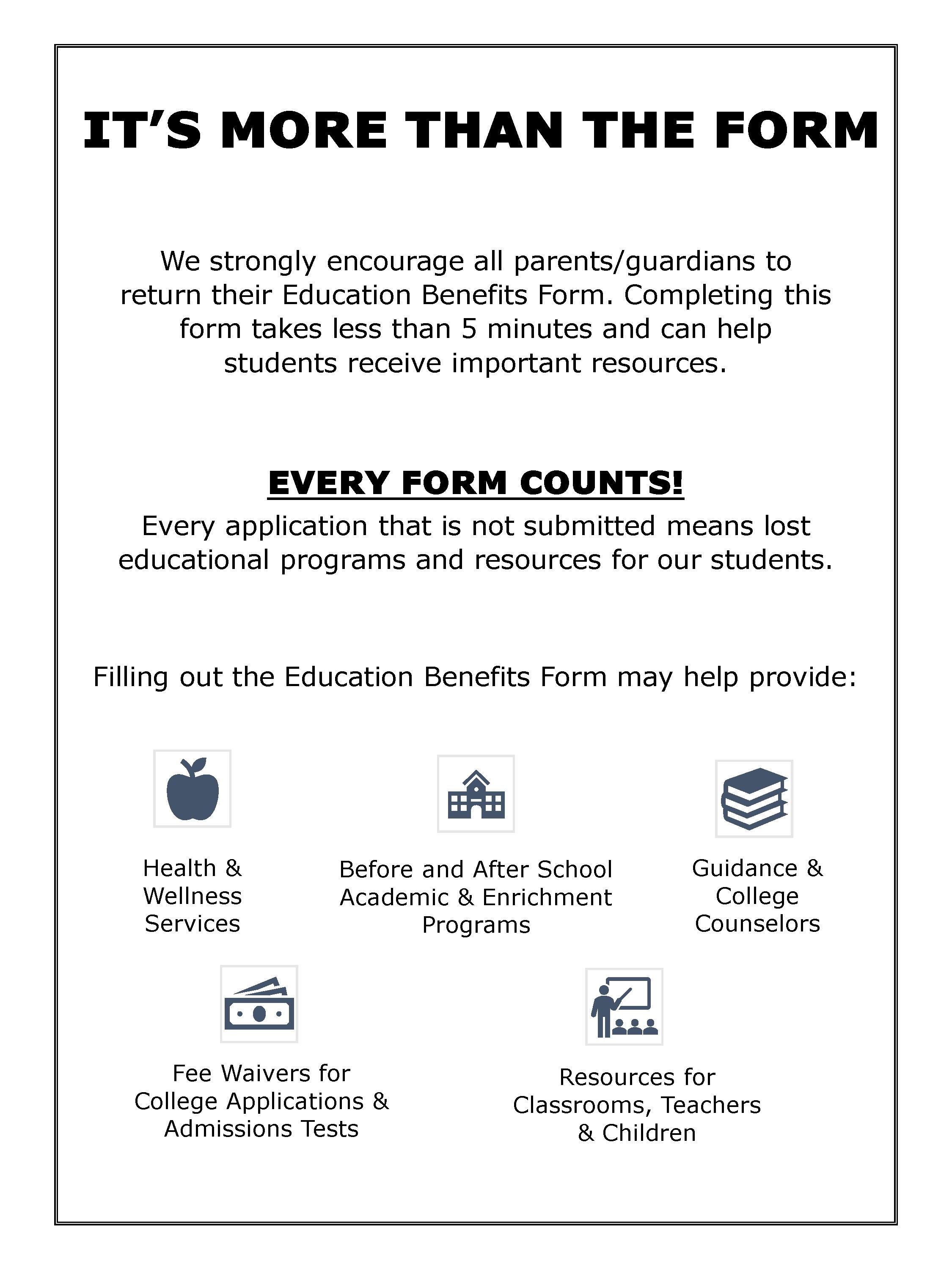 IT'S MORE THAN THE FORM We strongly encourage all parents/guardians to return their Education Benefits Form. Completing this form takes less than 5 minutes and can help students receive important resources.  EVERY FORM COUNTS!  Every application that is not submitted means lost educational programs and resources for our students.  Filling out the Education Benefits Form may help provide: Health and Wellness Services, Before and After School Academic and Enrichment Programs, Guidance and College Counselors, Free Waivers for College Applications and Admissions Test, and Resources for Classroom, Teachers and Children.