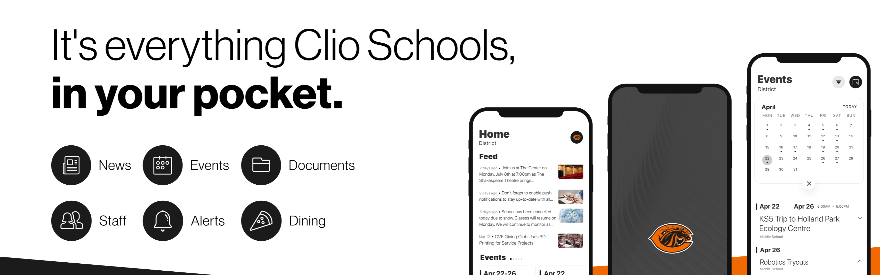 Announcing Clio Schools new app.  It's everything Clio School, in your pocket: NEws, Events, Documents, Staff, Alerts, Dining.  Download the Clio Area Schools app at the App Store or Google Play and enable Notifications